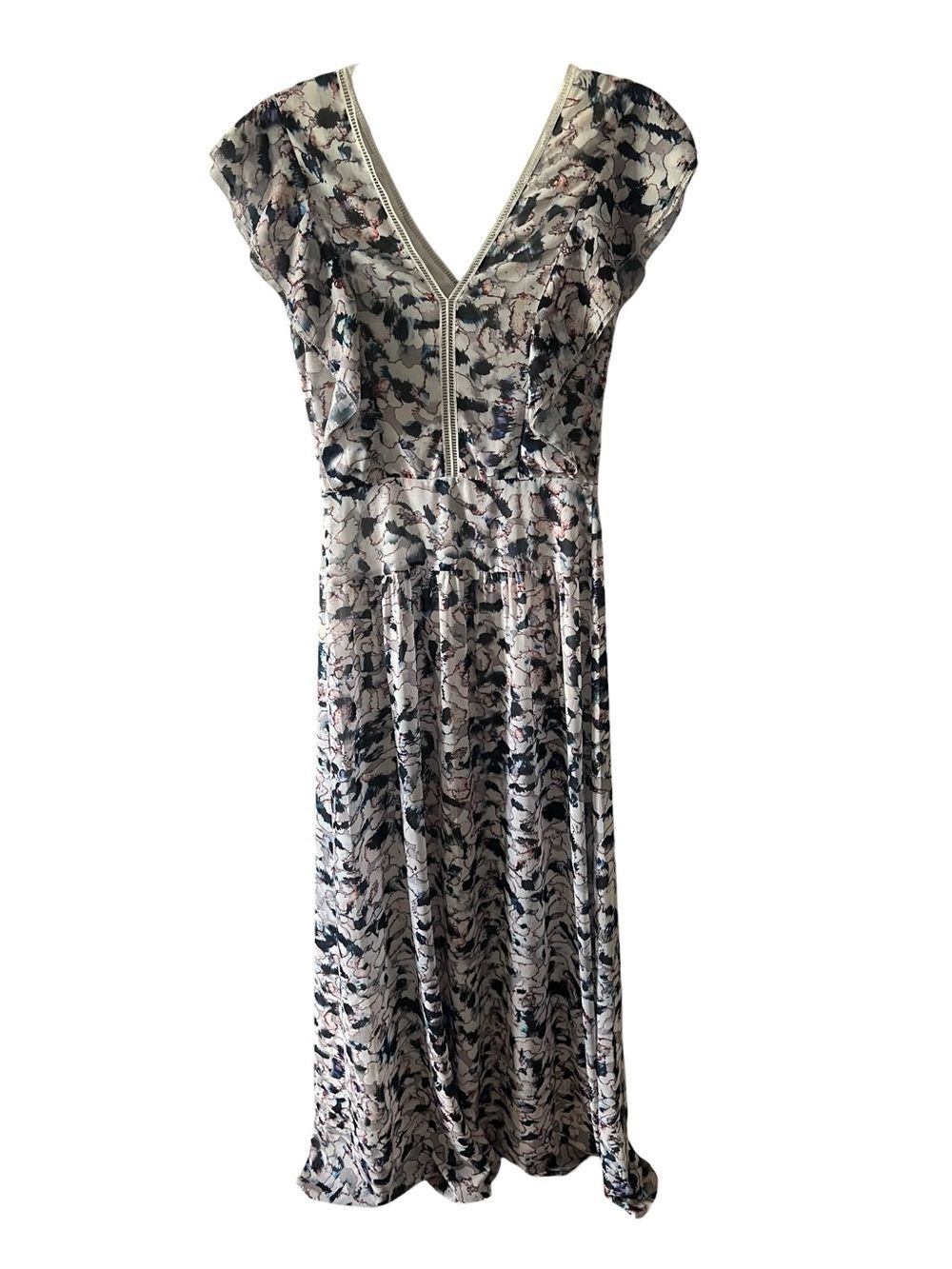 Reiss Eli Watercolor Print Maxi Dress Flutter Sleeve Ladder Trim V Neck US 2